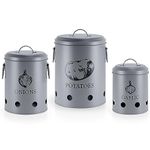 EHC Set of 3 Potato, Onion and Garlic Storage Containers With Lid & Side Handles For kitchen, Long Shelf Life with Aerating Tin Storage Holes - Grey