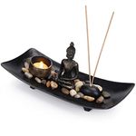 Belle Vous Sitting Buddha Candle and Incense Stick Holder in Zen Garden Tray - Natural Stone Rocks, Tea light Holder and Mini Statue - Table Top Ornament For Gift, Home Decor & Office