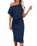 Dressmine Women's Off The Shoulder Dress Short Sleeve Ribbed Casual Party Bodycon Midi Dresses Navy Blue Medium