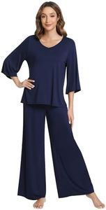 NACHILA Women's Pajamas Set 3/4 Sleeves Pjs V Neck Sleepwear Soft Loungewear with Wide Leg Pants, Viscose Made from Bamboo Navy Blue M