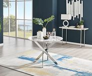 Furniturebox UK Dining Table - Novara 100cm Round White Marble Effect Table with Silver Chrome Nested Starburst Legs - 2 or 4 Seater Table - Compact Small Round Dinner Table - Modern Family Dining