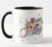 Vixar Camera Photograph Gift Watercolour Art Coloured Mug Cup Gift Birthday Work Office Christmas Tea Coffee (Black)