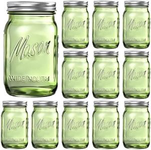 Rubtlamp Green Mason jar 32 oz, 12 Pack Glass Jars - Wide Mouth Mason Jars with Airtight Lids for Pickling, Fermenting, Food Storage&DIY Crafts, Microwave & Dishwasher Safe