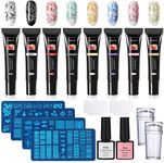 TopDirect 8 Colors Nail Stamping Gel Polish 8ml with 4pcs Nail Stamping Templates + 2x8ml Liquid Latex Peel Off Tape + 2 Stampers with 2 Scrapers, Nail Art Stamping Kit Nail Plate Print Manicure Tool