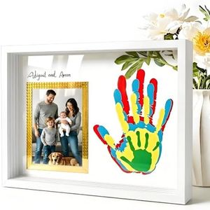 Hzorille Horizontal Family Handprint Kit, Landscape 3D Floating Keepsake Frame, Non-Toxic Paint, Baby Shower & New Parents Gift (White)