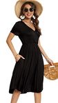 YUNDAI Summer Dress for Women Casual Short Sleeve Black Dresses Wrap V-Neck Party Dress with Pockets M, Plain Black