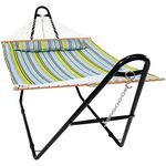 Sunnydaze Quilted Double Hammock with Stand for Outside - 440 lb Capacity Universal Black Steel Stand - UV Resistant, Quick Dry Fabric - Pillow, Chains, and Hardware Included - Blue and Green