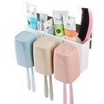 HOKIPO Plastic Self Adhesive Magic Sticker Anti-Dust Toothbrush Holder With 3 Cups, Multi-coloured