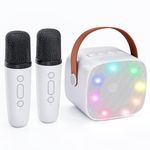 Karaoke Machine for Kids, Mini Portable Bluetooth Karaoke Speaker with 2 Wireless Mics and Colorful Lights for Kids Adults, Gifts Toys for Girls Boys Family Home Party（White）