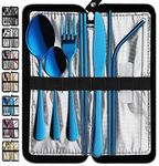 Portable Travel Utensils, Reusable Silverware with Case for Fixing Tableware, 9 Pieces Stainless Steel Stable Flatware Set, Camping Picnic Cutlery Set (Blue Set)