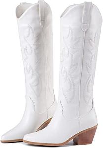 Ojiaoer Cowboy Boots for women,Womens Embroidered Knee High Western Cowboy Boots,Comfortable Fashionable Pointed Toe Chunky Heel Wide Calf Boots, White, 10