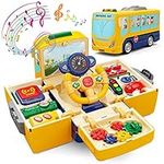 HONGTUO School Bus Toy with Sound and Light Simulation Steering Wheel Driving Toy Toddlers School Bus Toys with Music Education Knowledge Simulate school scenes Gift for 1-3-5 Boys & Girls