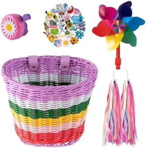 Bike Basket Kids, Rainbow Bike Basket Front Bike Accessories for Girl Boys, Woven Bicycle Basket with Stickers, Bike Bell, Windmill, and 1pairs Colorful Ribbons Tassels(Rainbow Basket)