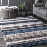 Nuha Rugs Super Soft Microfiber Silk Touch Handwoven Rugs with 2 inch Pile Height 5x7 feet, Teal Blue Biege Ivory Mixture