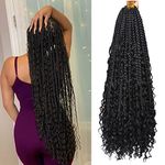 Xtrend 30Inch 8Packs Boho Box Braids Crochet Hair with Curly Hair 12strands/pack Pre Looped Long Black Messy Goddess Box Braids Hair Extensions Individual Synthetic Goddess Locs Hair for Women