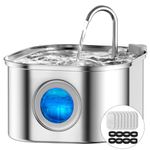 Cat Water Fountain, VinDox 3.2L/108oz Automatic Stainless Steel Pet Fountain Water Levels Window can be Checked Dog Water Dispenser, Ultra-Quiet Pump for Multiple Pets (8 Filters & 8 Sponges)