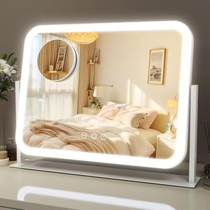 Telfun Lighted Makeup Mirror, 41 cm x 32 cm Vanity Mirror with Lights, 10X Magnification, Gifts for Women, 3 Color Lighting Modes, Smart Touch Control, 360° Rotation for Bedroom or Tabletop (White)