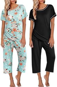 Ekouaer 2 Pack: Womens Pajamas Short Sleeve Sleepwear Tops and Capri Pants Pjs Print Pajama Sets, Blue Flowers, Black, Medium