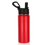 Volhoply 18oz Kids Insulated Water Bottle,Stainless Steel Water Bottles with Straw Lid,Wide Mouth Reusable Metal Thermos Water Bottle,Double Wall Vacuum Sports Travel Flask for Cold Drink(Red,1 Set)