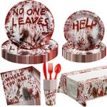 Halloween Party Supplies, 81 Pieces Bloody Themed Halloween Party Decorations Halloween Disposable Bloody Handprint Paper Plates Cups Napkins Banner Tablecloth Cutlery for Halloween Decorations (Red)