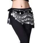 ZLTdream Women's Belly Dance Wave Shape Hip Scarf With Silver Coins, Black, One Size