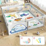 Dawnwake 1.8m*1.5m Baby Playpen with Safety Lock & Suction Cup and Ocean Balls and Hand Grip Ring, Not Foldable Play Gate Fence for Toddlers and Kids 3M-3Ys (Gray)