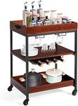 Giantex 3-Tier Kitchen Serving Trolley, Rolling Bar Island Serving Cart with Wine Rack & Glass Holders, Industrial Beverage Cart Trolley on Wheels with Handle, Wooden and Metal Frame, Rustic Brown