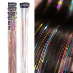 D-DIVINE 2pcs Clip in Hair Tinsel Extensions Highlights for Hair 24 Inch Fairy Hair Synthetic Hair Extensions for Party, Christmas, New Year, Halloween, Cosplay (Rainbow/2pcs)