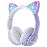 Kids Headphones,Cat Ear LED Light Up Foldable Bluetooth Headphone for Kids,2 in 1 Wired/Wireless Mode HD Stereo Sound for PC/Phone/iPad/Study/Travel/School (Cat Purple)