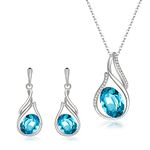 Clearine Austrian Crystal Flower Bud Teardrop Rhinestone Pendant Necklace Earrings Set Wedding/Birthday/Valentine's Day/Christmas/Mother's Day Jewellery Set Gift for Women Light Blue Silver Tone