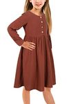 GORLYA Girl's Long Sleeve Button Up Pleated Waist Loose Casual Linen Midi Dress with Pockets for 4-12 Years Kids (GOR1007, 7-8Y, Brown)