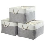 Mangata Jumbo Storage Box set of 3, Canvas Fabric Storage Baskets with Handles for Cupboards, Wardrobe, Shelves, Bathroom, Clothes, Toys, Towel (Foldable, 50x40x30 cm, Grey White)