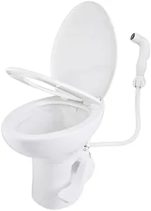 SEAFLO Ceramic Residential Height Camper/RV Toilet with Sprayer Attachment & Elongated Ceramic Bowl, 19” Standard Height, Gravity Flush System, Foot Pedal Operation, Soft Close Seat, 4-Year Warranty