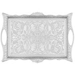 Alisveristime Ottoman Turkish Zamak Serving Tray with Traditional Motifs, Ideal for Coffee and Tea - Six Person Tray (14.5 x 9.85 in) (Silver)