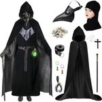 Dhnvcud Plague Doctor Halloween Costume, 8 in 1 Plague Doctor Mask Set, Plague Bird Doctor Mask with Hooded Cloak, Headgear, Potion Bottle, Belt, Walking Cane, Metal Steampunk Gears, Cross Necklace