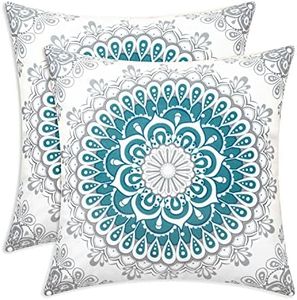 CaliTime Pack of 2 Cozy Fleece Throw Pillow Cases Covers for Couch Bed Sofa Farmhouse Decoration Dahlia Floral Medallion Compass Mandala Style 18 X 18 Inches Teal Grey