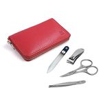 4pcs Travel Manicure Set German FINOX Surgical Stainless Steel: Nail Scissors, Clippers, Tweezers and Crystal Glass Nails File Kit in Leather by GERmanikure Solingen