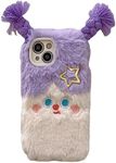 YWYUHE Cute Cartoon Plush Phone Case Compatible with iPhone 13, Funny 3D Purple Furry Winter Warm Plush Spoof Braids Face Shockproof Phone Cover for Girls Women