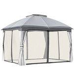 Outsunny 3.7 x 3(m) Metal Gazebo Canopy Party Tent Garden Patio Shelter with Netting Sidewalls & Double Tiered Roof, Grey