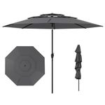 TANGZON 3M Garden Parasol with 3-Tier Vented Canopy, Polyester Fabric, Tilt & Crank System, 8 Ribs, UV Protection, Windproof Patio Umbrella for Garden, Decking, Poolside, Grey