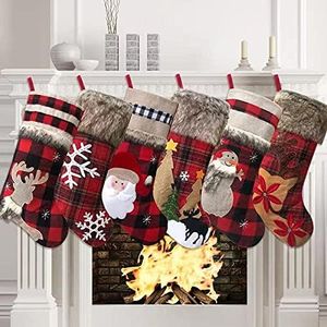 BRvieluck Christmas Stockings Set of 6 Buffalo Red Plaid with Soft Faux Fur for Family Fireplace Hanging Large 20 Inches Xmas Stockings Decorations Holiday Season Decor 6 Pack