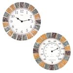 Lily's Home Indoor or Outdoor Large Hanging Wall Clock and Thermometer Set. Made of Durable Polyresin Plastic. 10" Inch Diameter. (Stone)