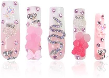 LOVFUL Press on Nails Gummy Bear Glam | Handmade with Full Covered Crystals | Reusable Fake Nails | Square Mid length 1.7in | H26-L