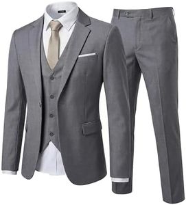 YND Men's Slim Fit 3 Piece Suit Set with Stretch Fabric, One Button Blazer Vest Pants, Solid Party Wedding Dress, Jacket Waistcoat and Trousers with Tie Grey