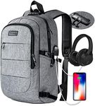 Tzowla Travel Laptop Backpack,Slim Durable Water Resistant Anti-Theft Bag with USB Charging/Headphone Port and Lock 15.6 Inch Computer Business for Women Men College School Bookbag -Grey