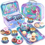 Tacobear Kids Tea Party Set for Girls Mermaid Gift Tin Tea Set with Dessert Toy Carrying Case Princess Tea Time Pretend Play Tea Set Toys Gift for Kids Girls 3 4 5 6 7 Years