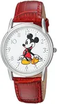 DISNEY Mickey Mouse Adult Classic Cardiff Articulating Hands Analog Quartz Leather Strap Watch, Silver/Red