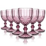 Qulable Wine Glasses Set of 6 | Vintage Red Wine Goblets Glassware Sets, Crystal Colored Drinking Glasses, Vintage Pattern Stemmed Goblet Set for Wedding Party Restaurant, Dishwasher Safe (8oz Pink)