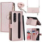 SunYoo for Galaxy Note Z Fold3 5G Zipper Wallet Case Crossbody Wrist Strap,Coque for Samsung Z Fold 3 5G Card Holders,Leather Cover Lanyard Wristlet étui portefeuille for Galaxy Z Fold3 - Pink