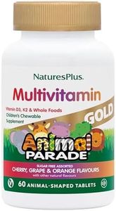 NaturesPlus Animal Parade Gold Children’s Multivitamin - Fun Animal Shaped Chewable Multi for Kids - Cherry, Orange and Grape Flavours - Vegan, Gluten Free - 60 Chewable Tablets
